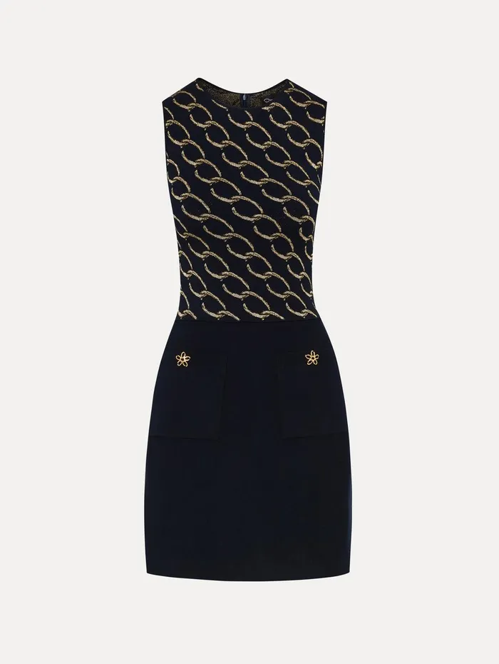 Oscar ChainLink Knit Dress Navygold Women Oscar De La Renta Dresses