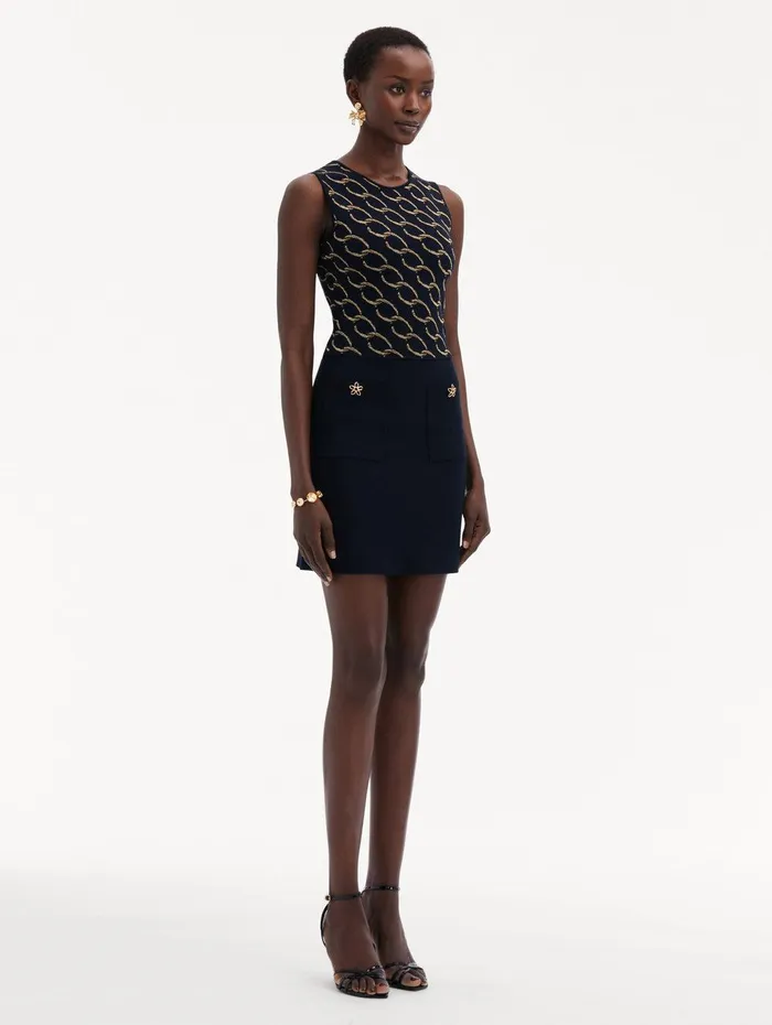 Oscar ChainLink Knit Dress Navygold Women Oscar De La Renta Dresses Oscar ChainLink Knit Dress Navygold Women Oscar De La Renta Dresses