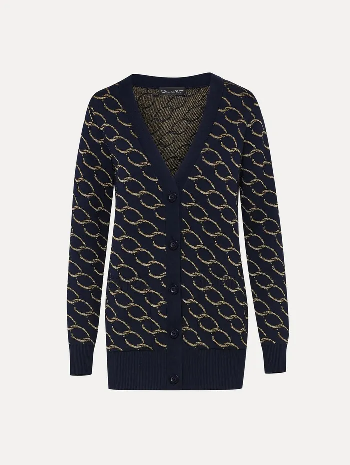 Oscar ChainLink Long Cardigan Navygold Women Oscar De La Renta Blouses and Knits Oscar ChainLink Long Cardigan Navygold Women Oscar De La Renta Blouses and Knits