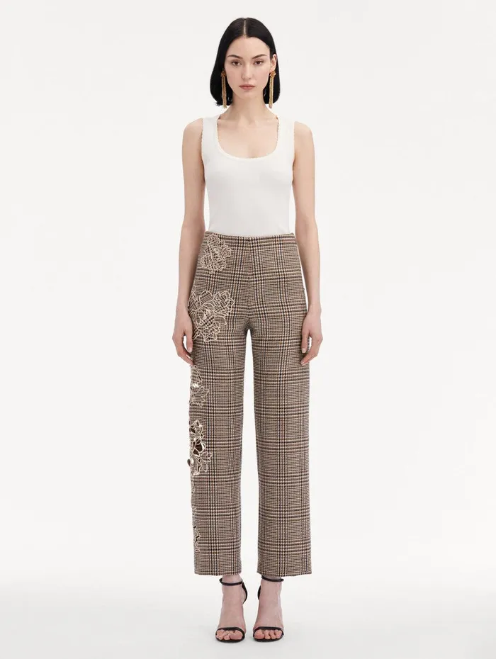 Peony Guipure Appliqu Plaid Pant Cocoa Multi Women Oscar De La Renta Pants and Skirts Peony Guipure Appliqu Plaid Pant Cocoa Multi Women Oscar De La Renta Pants and Skirts