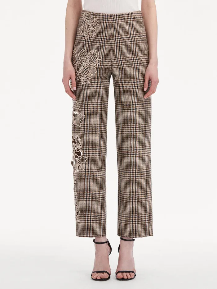 Peony Guipure Appliqu Plaid Pant Cocoa Multi Women Oscar De La Renta Pants and Skirts Peony Guipure Appliqu Plaid Pant Cocoa Multi Women Oscar De La Renta Pants and Skirts