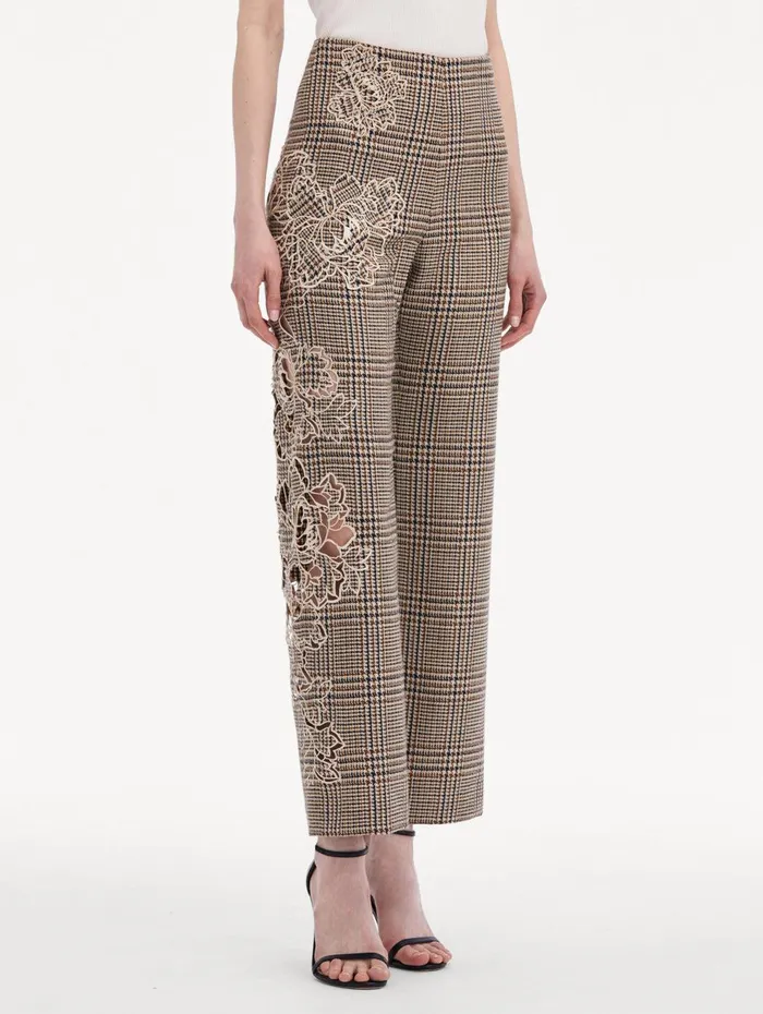 Peony Guipure Appliqu Plaid Pant Cocoa Multi Women Oscar De La Renta Pants and Skirts Peony Guipure Appliqu Plaid Pant Cocoa Multi Women Oscar De La Renta Pants and Skirts