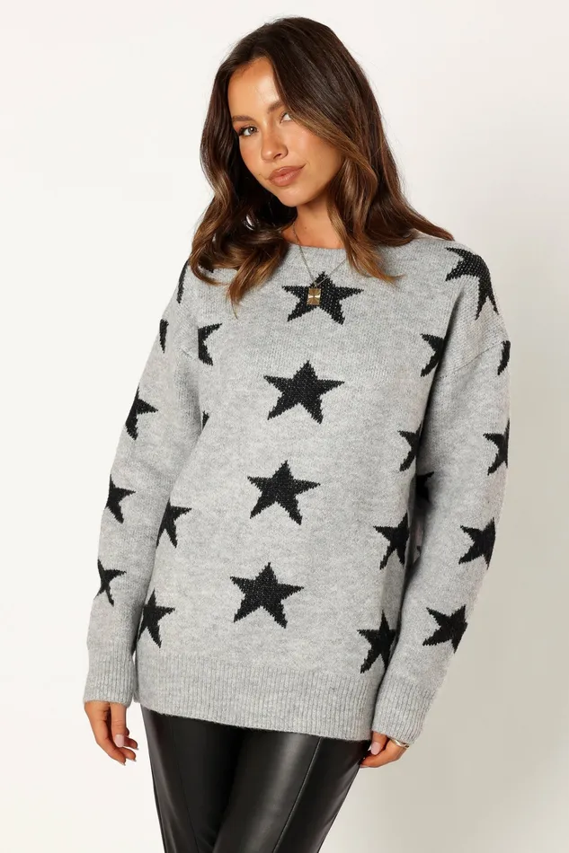 Petal and Pup Janiyah Star Knit Sweater Grey Black Women Sweaters
