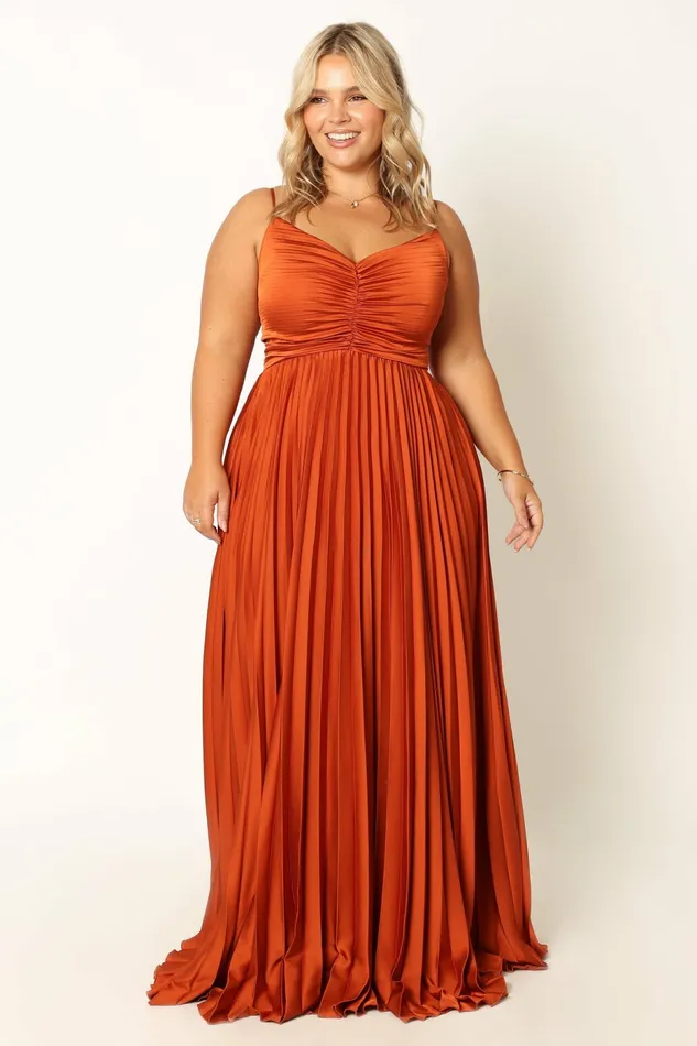 Petal and Pup Naira Pleated Maxi Dress Sunset Orange Women Satin Dresses