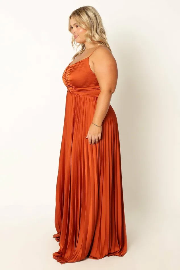Petal and Pup Naira Pleated Maxi Dress Sunset Orange Women Satin Dresses