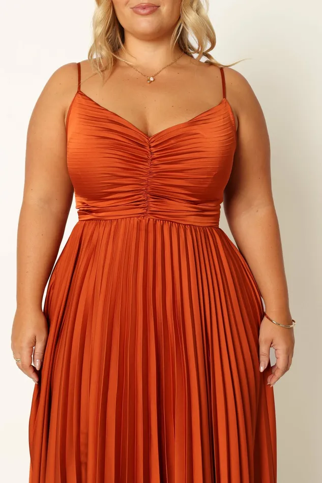 Petal and Pup Naira Pleated Maxi Dress Sunset Orange Women Satin Dresses