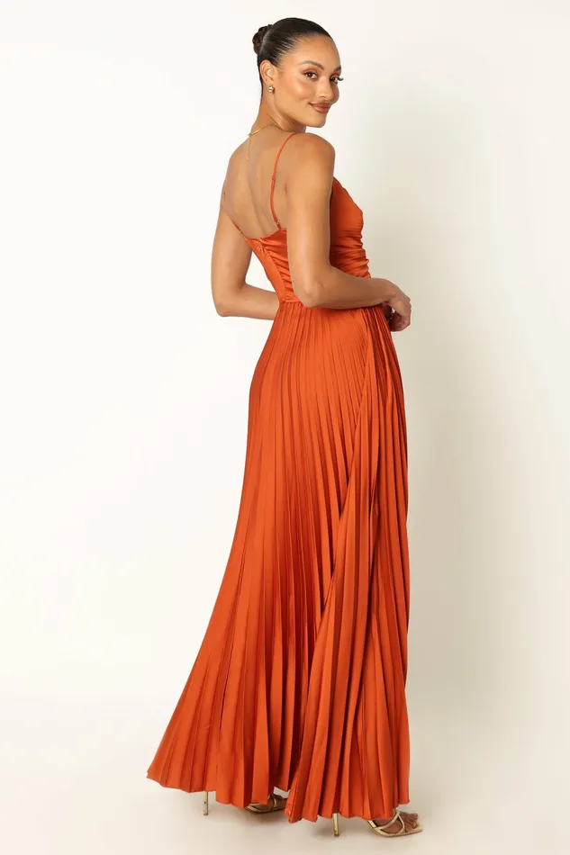 Petal and Pup Naira Pleated Maxi Dress Sunset Orange Women Satin Dresses