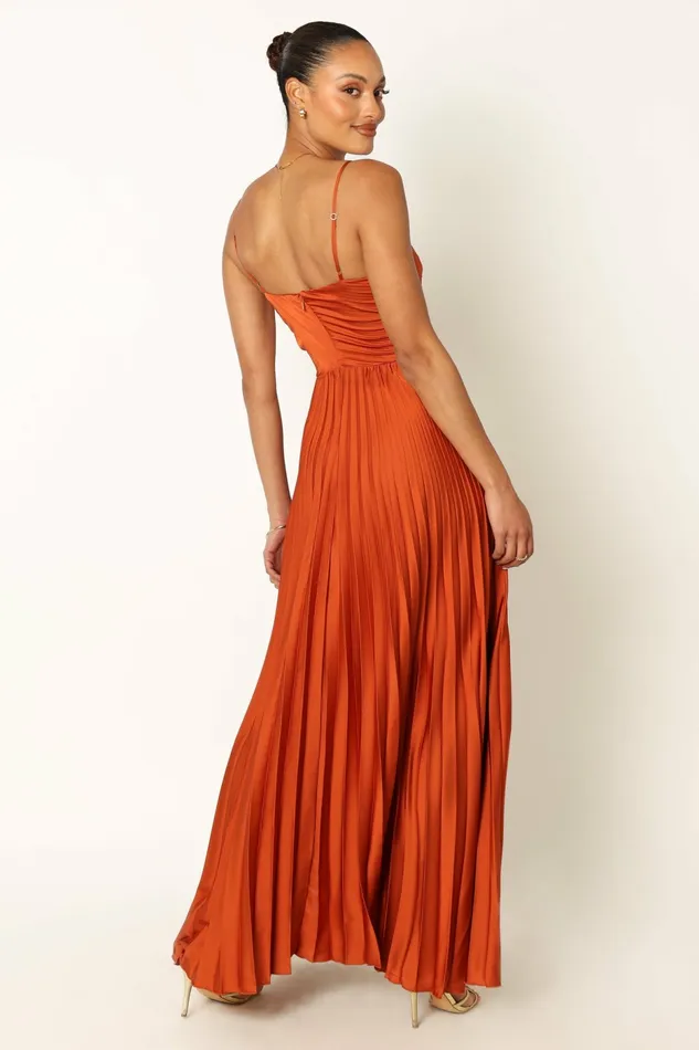 Petal and Pup Naira Pleated Maxi Dress Sunset Orange Women Satin Dresses