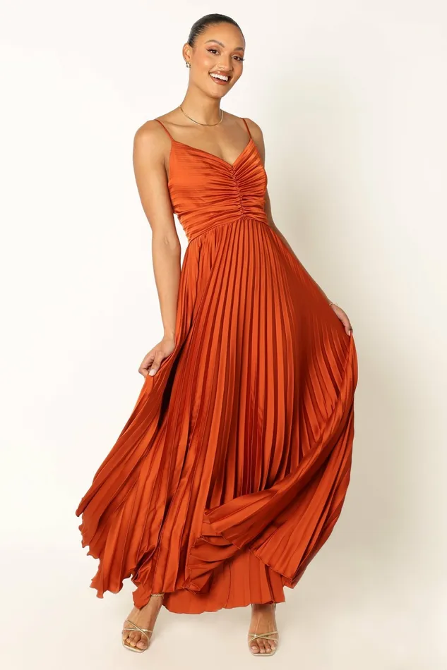 Petal and Pup Naira Pleated Maxi Dress Sunset Orange Women Satin Dresses