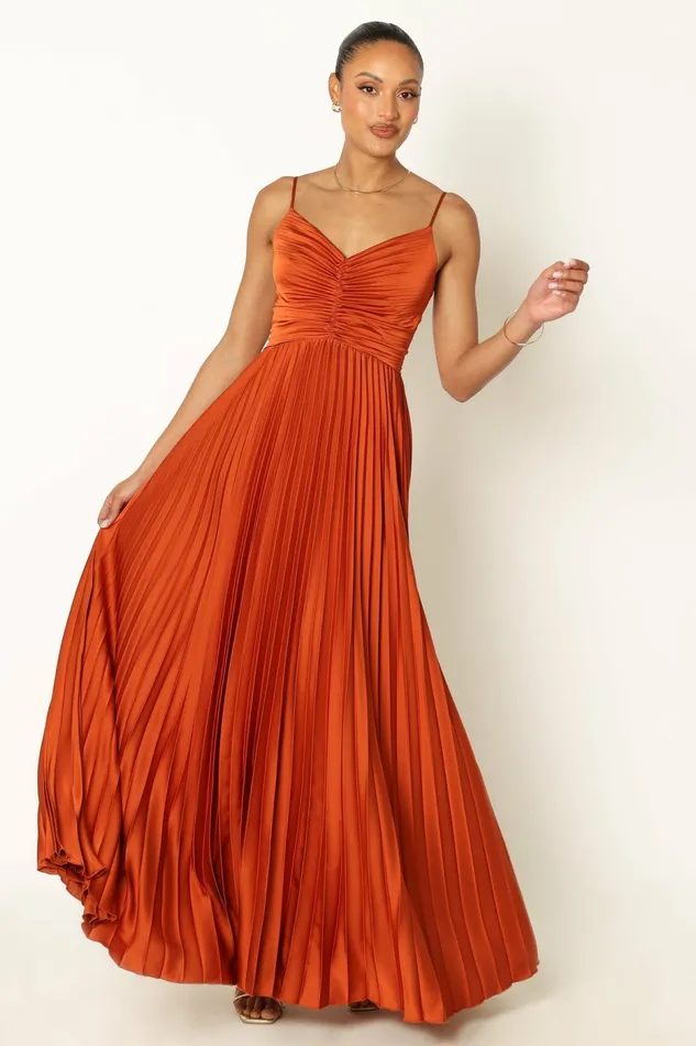 Petal and Pup Naira Pleated Maxi Dress Sunset Orange Women Satin Dresses