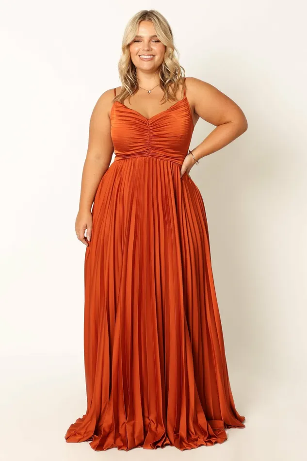 Petal and Pup Naira Pleated Maxi Dress Sunset Orange Women Satin Dresses