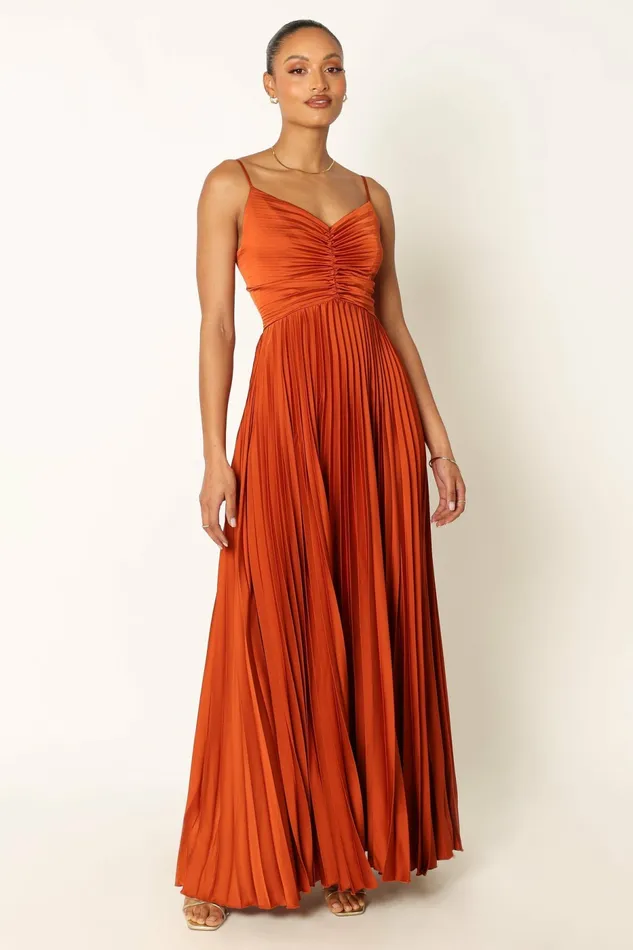 Petal and Pup Naira Pleated Maxi Dress Sunset Orange Women Satin Dresses