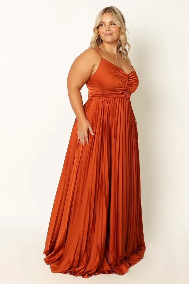Petal and Pup Naira Pleated Maxi Dress Sunset Orange Women Satin Dresses