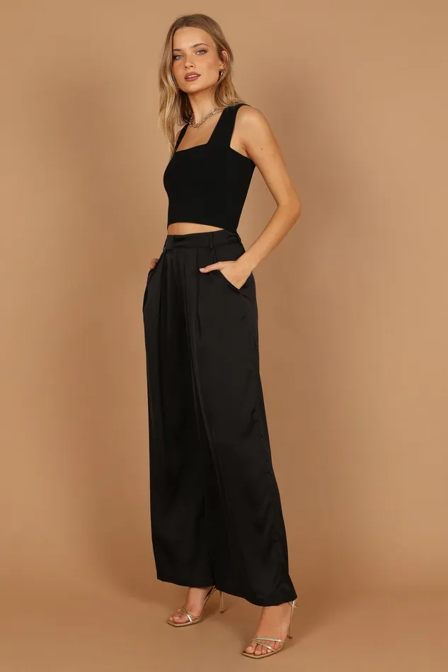 Petal and Pup Wellington Wide Leg Satin Pant Black Women Pants