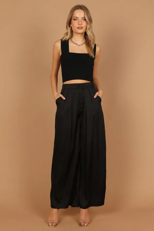 Petal and Pup Wellington Wide Leg Satin Pant Black Women Pants