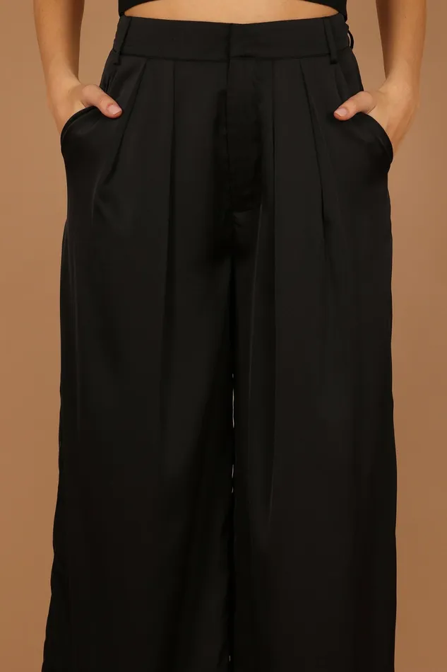 Petal and Pup Wellington Wide Leg Satin Pant Black Women Pants