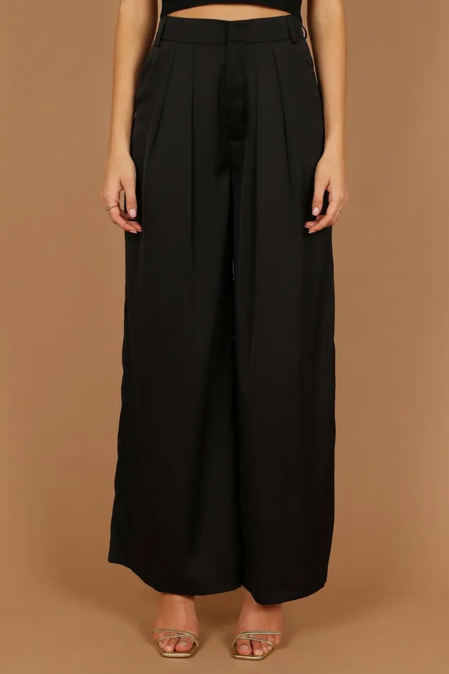 Petal and Pup Wellington Wide Leg Satin Pant Black Women Pants