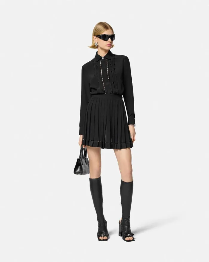 Pleated Silk Georgette Mini Skirt Black Women Versace Skirts