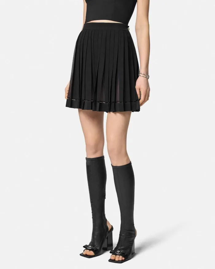 Pleated Silk Georgette Mini Skirt Black Women Versace Skirts