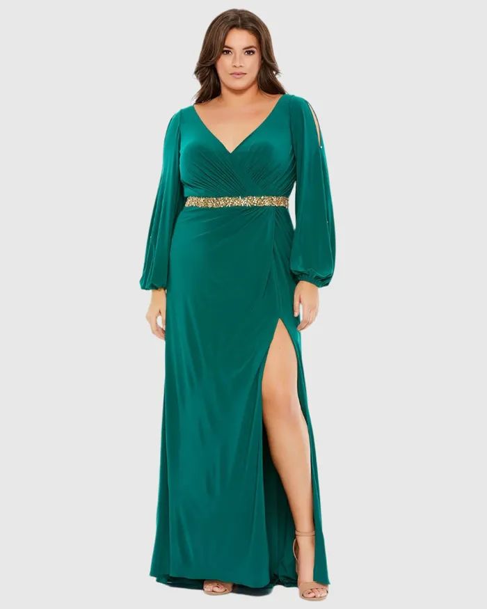 Plus Size Dresses Mac Duggal Women Green Split Sleeve Surplice Gown Plus Emerald Green Plus Size Dresses Mac Duggal Women Green Split Sleeve Surplice Gown Plus Emerald Green