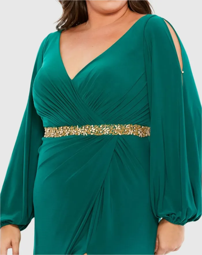 Plus Size Dresses Mac Duggal Women Green Split Sleeve Surplice Gown Plus Emerald Green