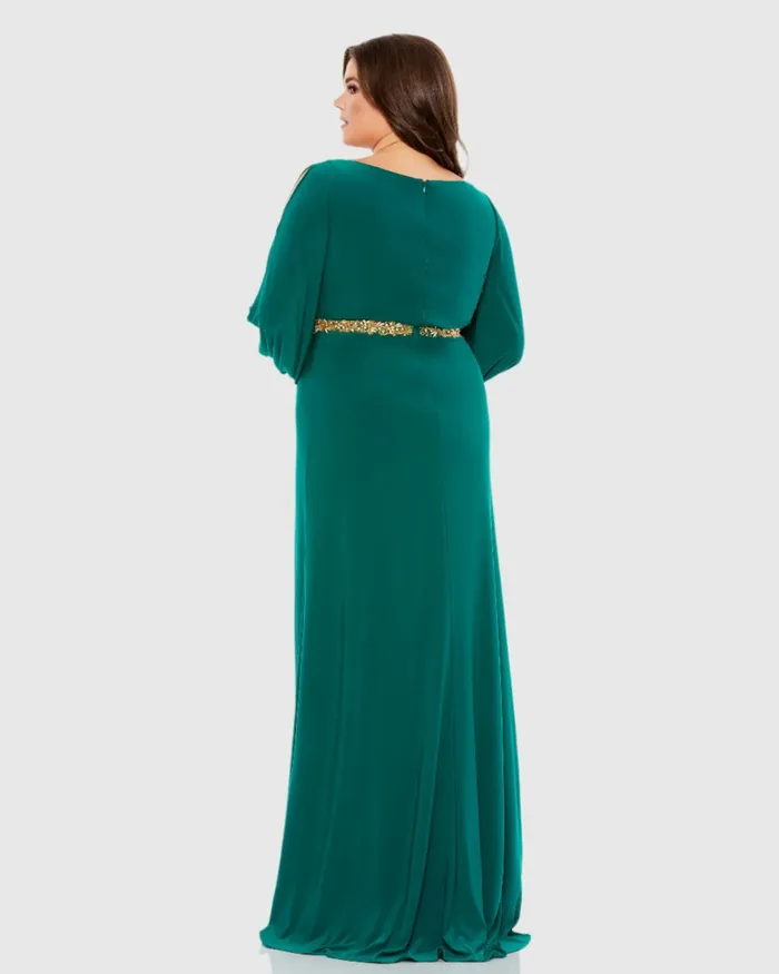 Plus Size Dresses Mac Duggal Women Green Split Sleeve Surplice Gown Plus Emerald Green