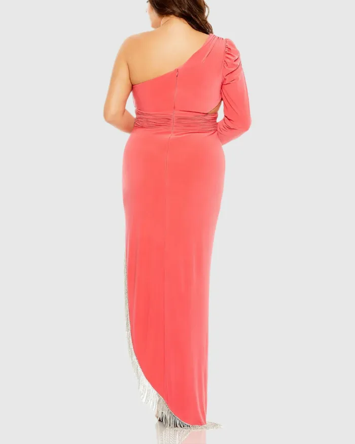 Plus Size Dresses Mac Duggal Women Long Sleeve One Shoulder Fringe Embellished Gown Watermelon Plus Size Dresses Mac Duggal Women Long Sleeve One Shoulder Fringe Embellished Gown Watermelon