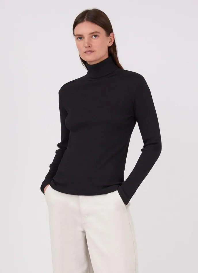 Rib Roll Neck Tshirt Black Women SUNSPEL Tshirts and Tops