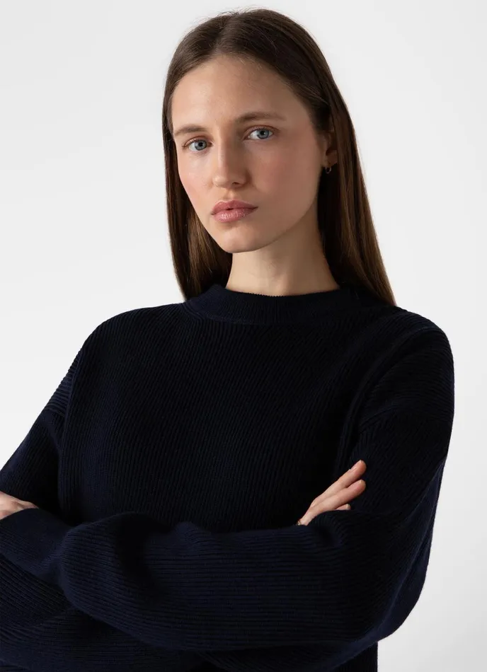 Ribbed Crew Neck Jumper Navy Women SUNSPEL Knitwear