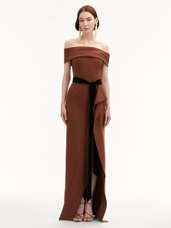 RibbonDetailed Off Shoulder Gown Cocoa Women Oscar De La Renta Gowns and Caftans RibbonDetailed Off Shoulder Gown Cocoa Women Oscar De La Renta Gowns and Caftans