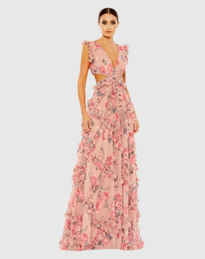 Ruffled Cut Out Cap Sleeve V Neck Gown Rose Multi Women Evening Gowns Mac Duggal Ruffled Cut Out Cap Sleeve V Neck Gown Rose Multi Women Evening Gowns Mac Duggal