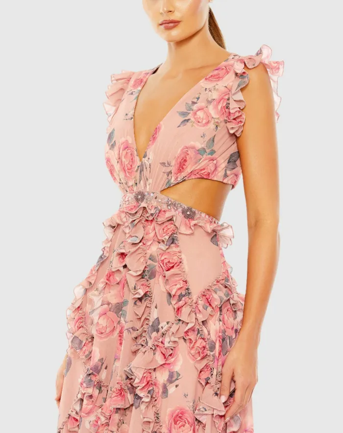 Ruffled Cut Out Cap Sleeve V Neck Gown Rose Multi Women Evening Gowns Mac Duggal