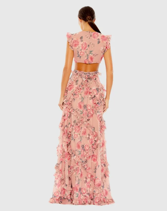 Ruffled Cut Out Cap Sleeve V Neck Gown Rose Multi Women Evening Gowns Mac Duggal