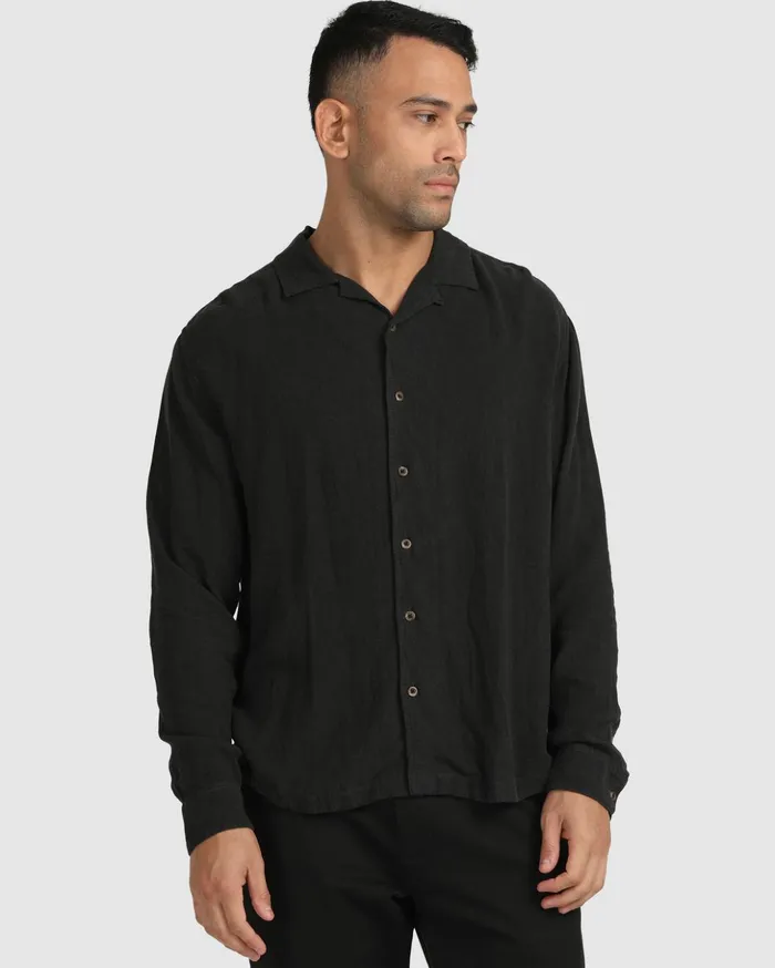 RVCA Shirts Flannels Beat Long Sleeve ButtonDown Shirt Black 8211 Men