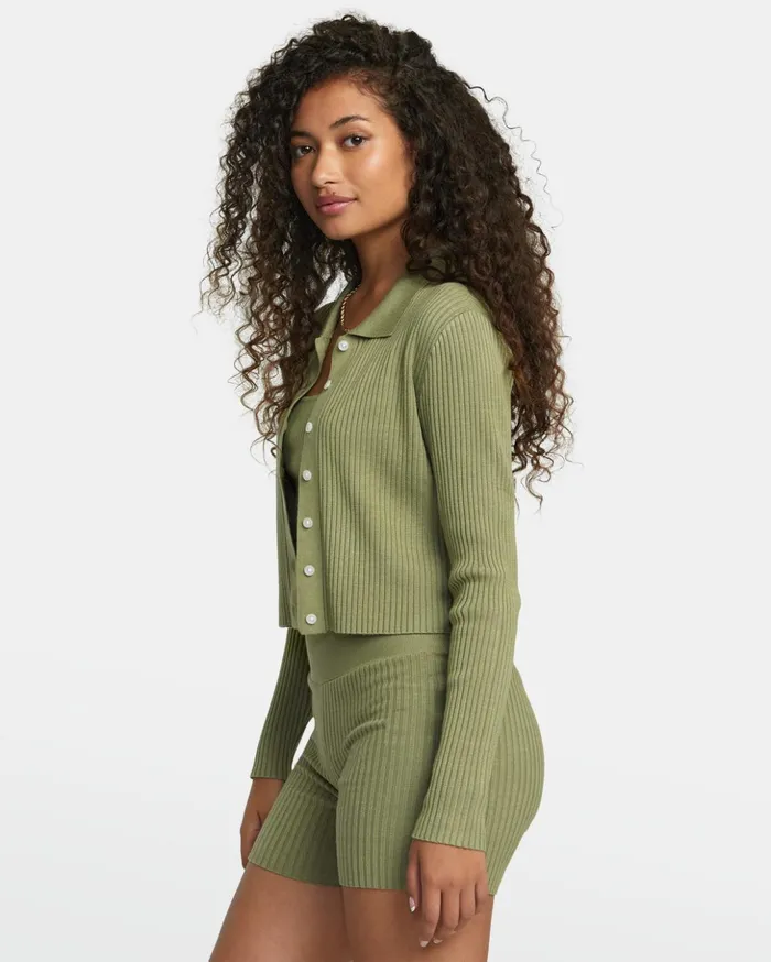 RVCA Tops Rose Namajunas Fever Rib Knit Fitted Cardigan Aloe 8211 Women