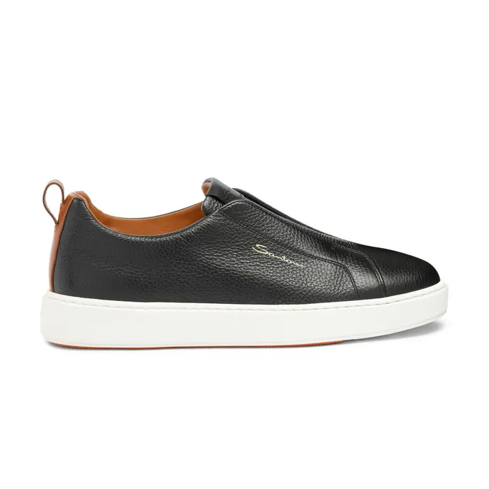 Santoni Black Tumbled Leather SlipOn Sneaker Men Sneakers