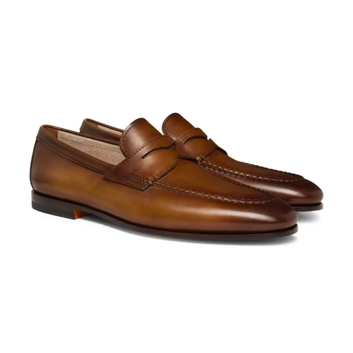 Santoni Brown Leather Penny Loafer Men Loafers