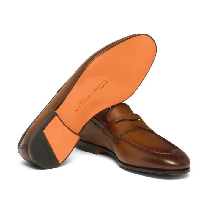 Santoni Brown Leather Penny Loafer Men Loafers