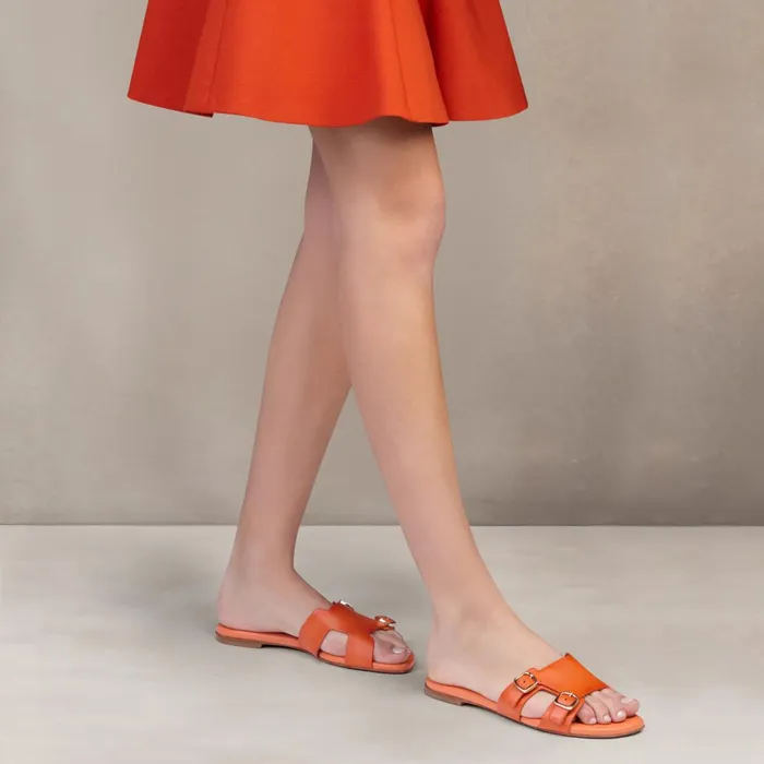 Santoni Orange Leather DoubleBuckle Slide Sandal Women Sandals