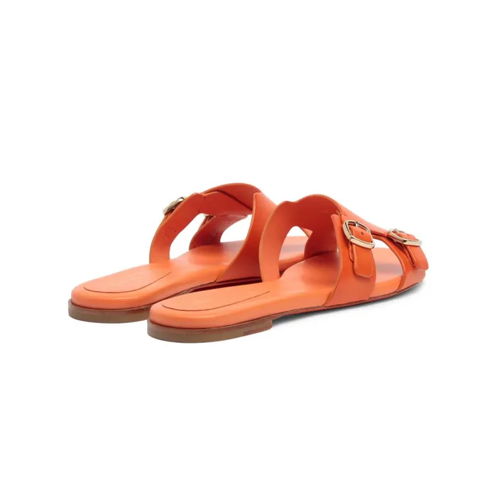 Santoni Orange Leather DoubleBuckle Slide Sandal Women Sandals