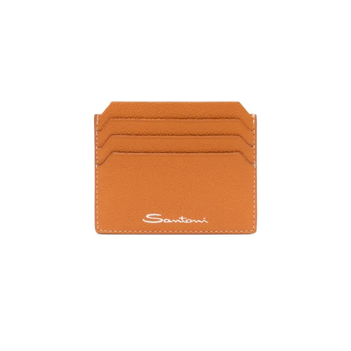 Santoni Orange Tumbled Leather Credit Card Holder Men Small Leather Goods