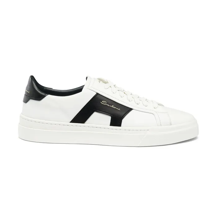 Santoni White And Black Leather Double Buckle Sneaker Men Sneakers