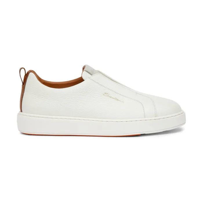 Santoni White Tumbled Leather SlipOn Sneaker Men Sneakers