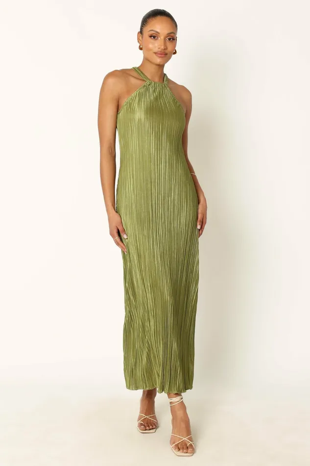 Satin Dresses Melody Plisse Halter Maxi Dress Olive Petal and Pup Women