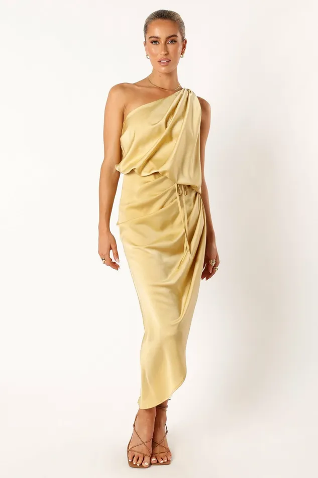 Satin Dresses Petal and Pup Women Sonny One Shoulder Midi Dress Mustard