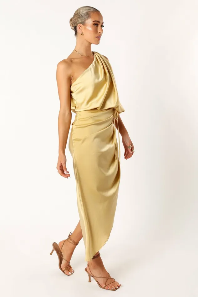 Satin Dresses Petal and Pup Women Sonny One Shoulder Midi Dress Mustard