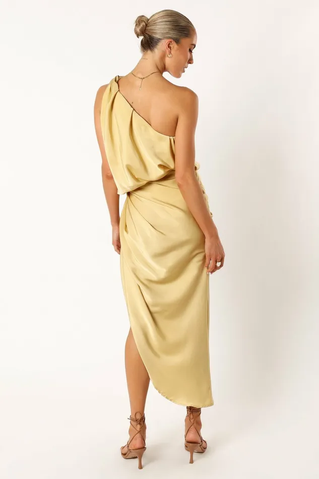 Satin Dresses Petal and Pup Women Sonny One Shoulder Midi Dress Mustard