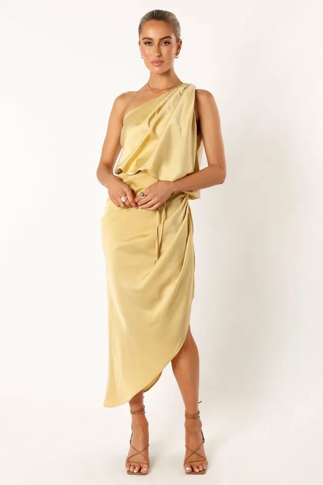 Satin Dresses Petal and Pup Women Sonny One Shoulder Midi Dress Mustard