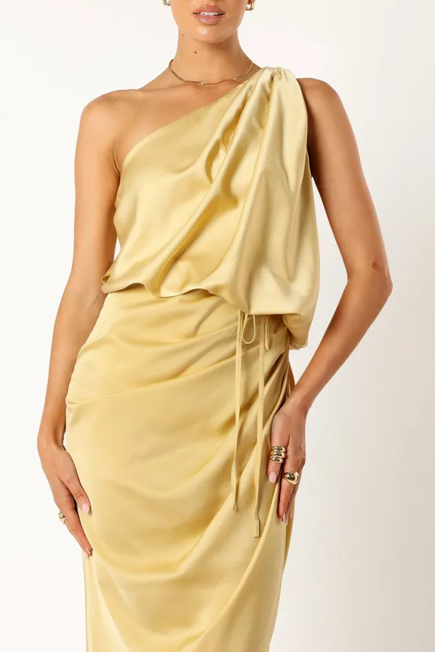 Satin Dresses Petal and Pup Women Sonny One Shoulder Midi Dress Mustard