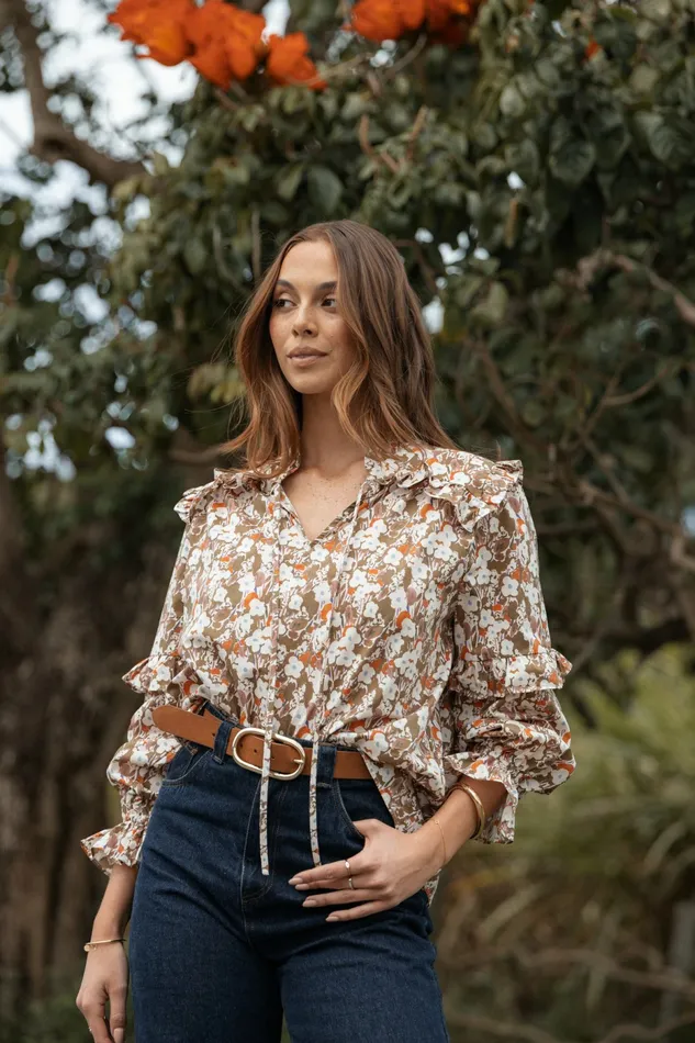 Selmah Long Sleeve Top Cream Olive Orange Women Tops Petal and Pup